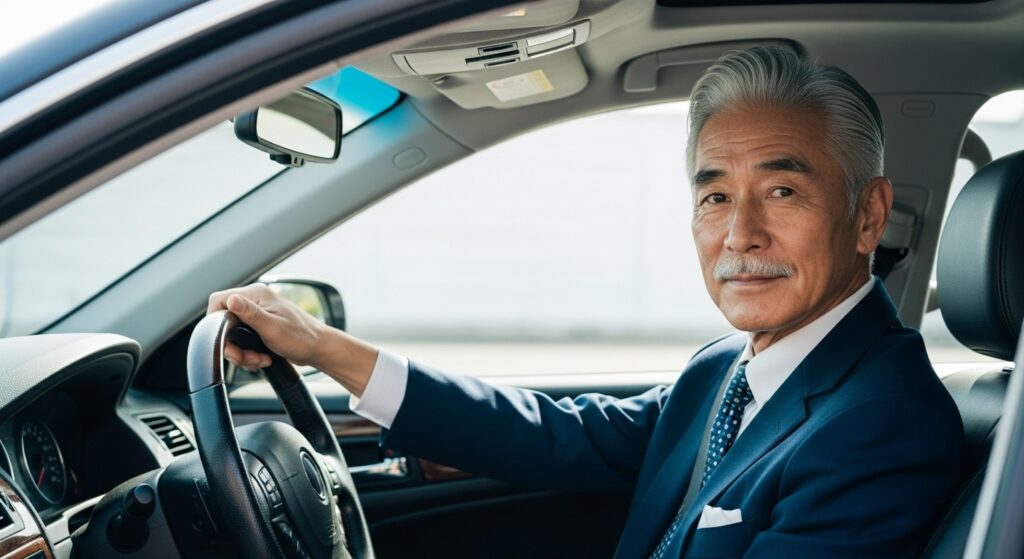スーツ姿の高齢男性が右ハンドルの車を運転しながらこちらを向いている様子（東京の高齢者向け運転講習のイメージ）