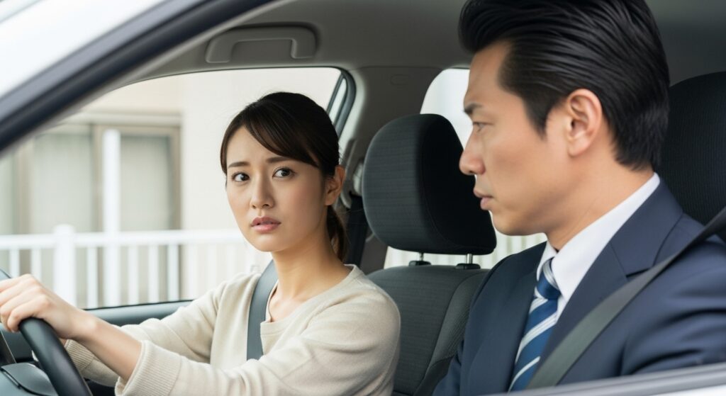 教習車の助手席で、男性インストラクターに厳しく指導されて戸惑う女性の様子。緊張と不安を抱える表情が印象的。