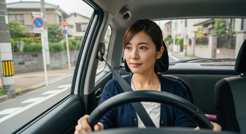 一方通行の住宅街を慎重に運転する女性ドライバー|ペーパードライバー講習の実地指導風景 シートベルトを着用し、真剣な表情で運転する女性ドライバー。ペーパードライバー講習中の様子で、一方通行の住宅街を走行している。