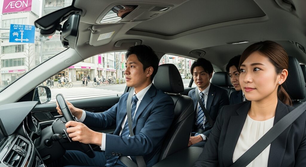社用車で移動中のビジネスパーソンたち