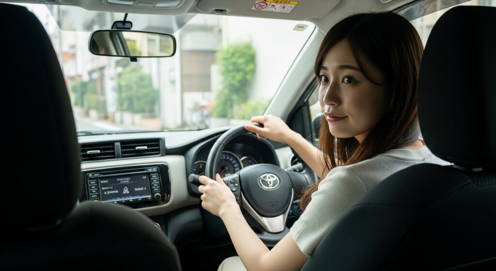 ペーパードライバー講習中の女性|東京ドライビングサポート出張型90分コース 運転ブランクを乗り越える女性受講者|ハンドル操作に集中するペーパードライバー講習中の様子