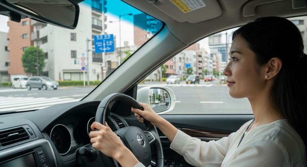 川越街道・山手通り交差点で右折と合流する女性ドライバー(都内難所の一例) 川越街道と山手通りの交差点で右折と合流を行おうとする日本人女性ドライバーの運転中の横顔。都市部の交通に集中している様子がわかる。