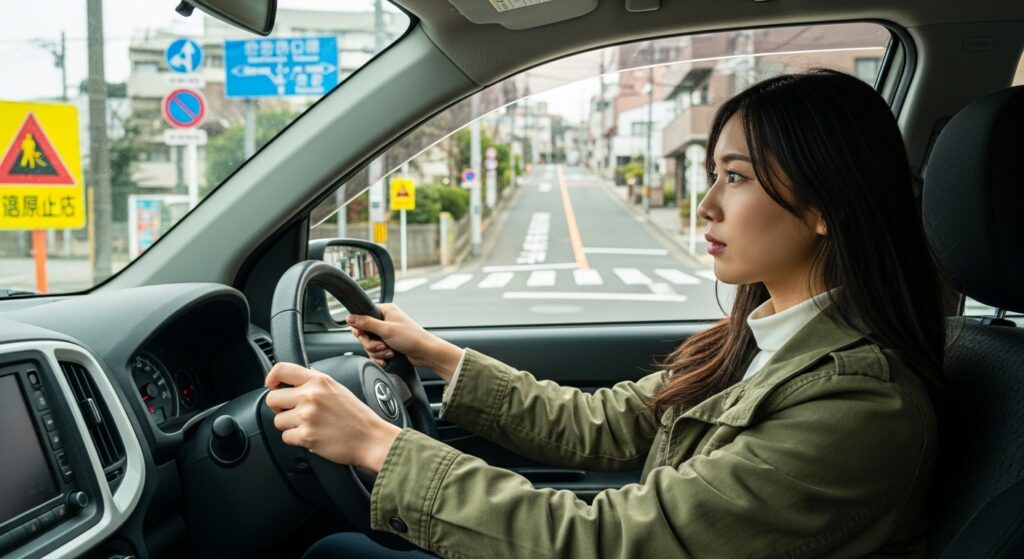 一方通行・標識が多い住宅街を運転する女性の様子 若い日本人女性が昼間の住宅街で運転中。信号や標識が多い一方通行の道を左ハンドルの車で慎重に進んでいる様子。