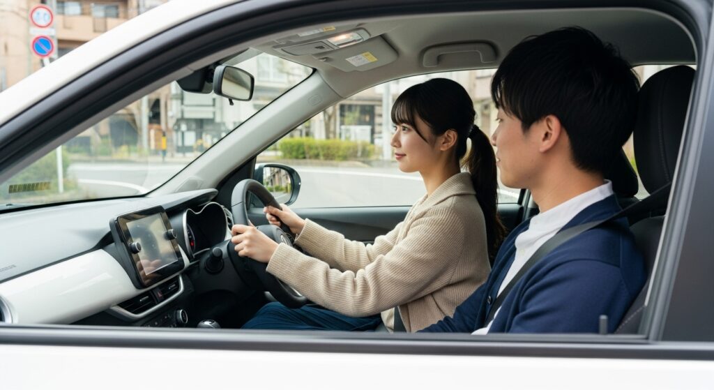 出張ペーパードライバー講習中の運転練習シーン(東京ドライビングサポート) 若い女性がハンドルを握り、隣に男性インストラクターが座る車内の運転練習シーン