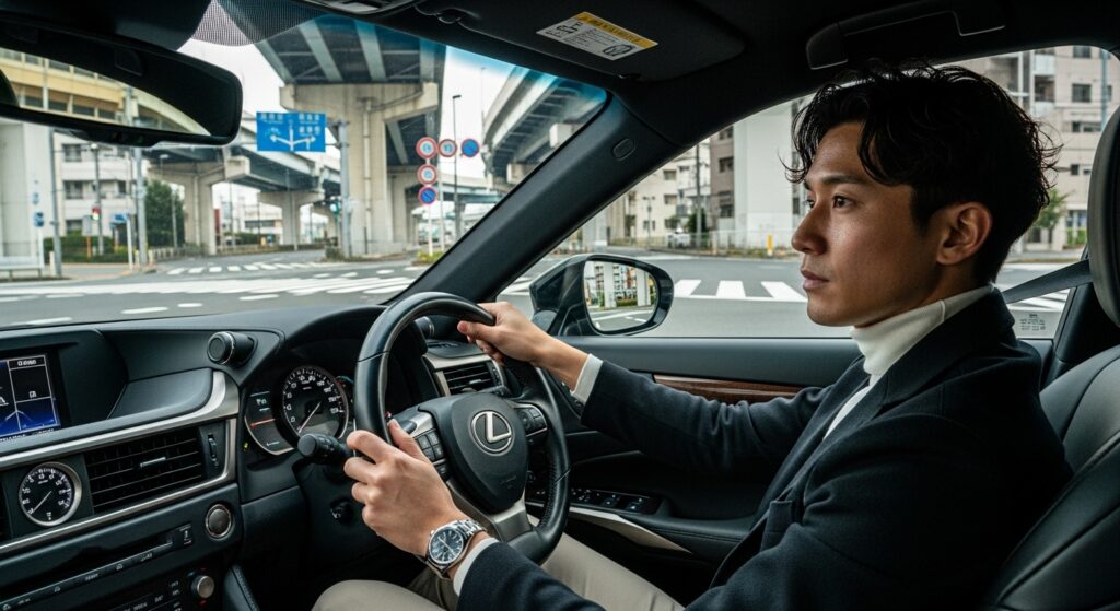 複雑な交差点。左ハンドル車での走行に集中するドライバーの表情が印象的。 運転する男性|都市部の交差点を前にした緊張感ある表情