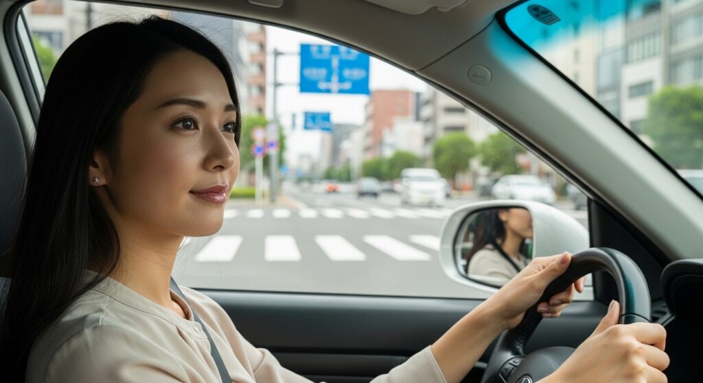 環七通り・中山道の合流地点を運転する女性ドライバー|都内での車線変更の実例シーン 環七通りと中山道の交差点付近で合流を行う日本人女性ドライバーが、集中して車線変更のタイミングを見ている様子
