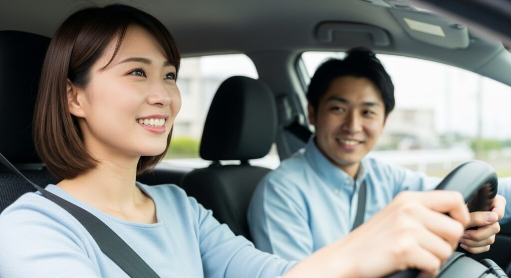 女性が運転席で笑顔を見せ、助手席の男性インストラクターが優しく見守っている教習シーン
