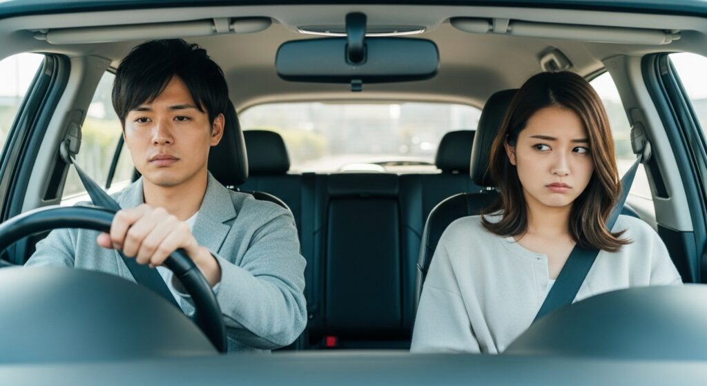 A Japanese man is driving poorly while a Japanese woman in the passenger seat looks visibly annoyed. She is not touching any steering wheel, and no driving controls are in front of her.