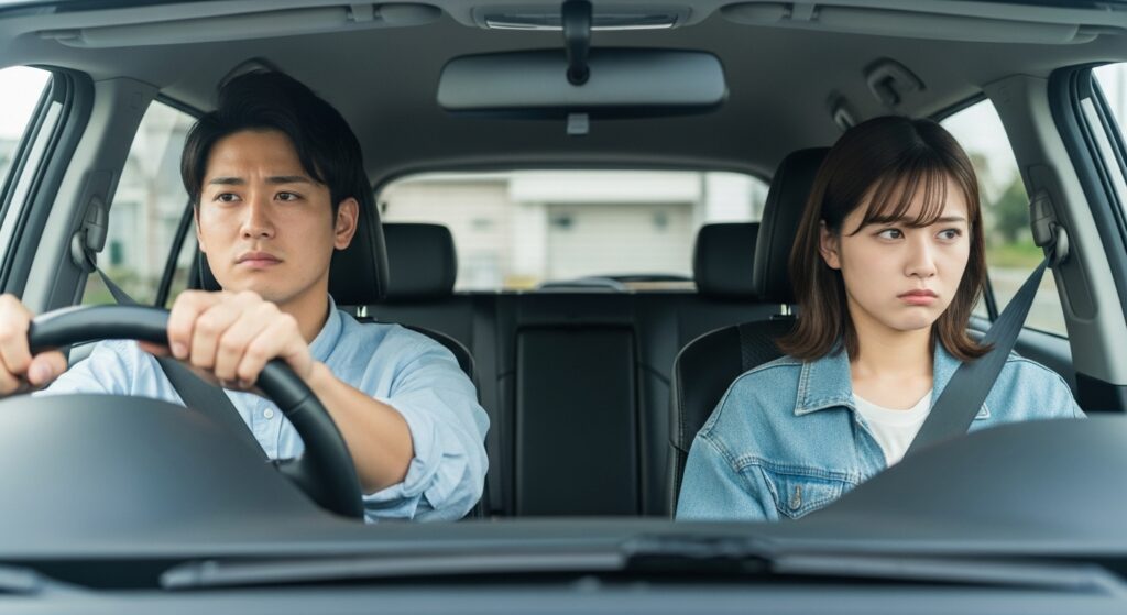 A Japanese man is driving nervously, while a Japanese woman in the passenger seat looks sideways at him with a skeptical expression. She is not touching any steering wheel.