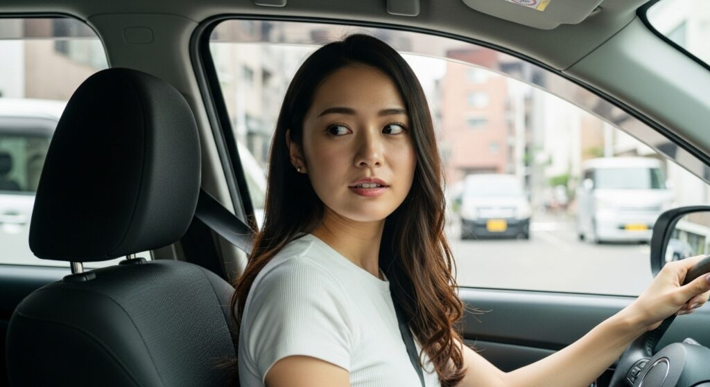ペーパードライバーが後方確認しながら駐車練習する様子|東京ドライビングサポートの出張型講習イメージ ミラーを確認しながら慎重に駐車する女性ドライバー|ペーパードライバー向け講習イメージ