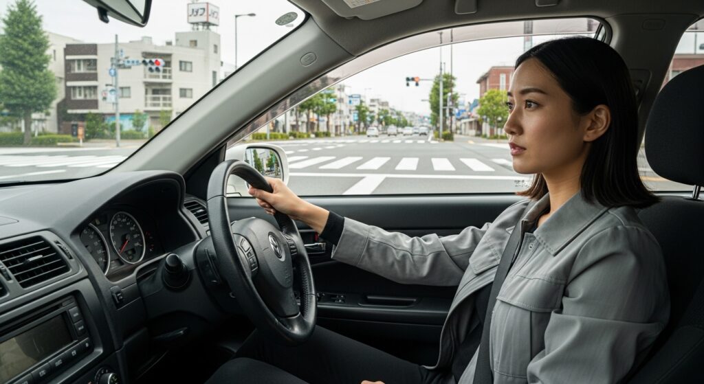 ペーパードライバー講習|交差点進入練習を行う若い女性ドライバー 運転する若い女性ドライバーが交差点で安全確認している様子|ペーパードライバー講習の実地練習風景