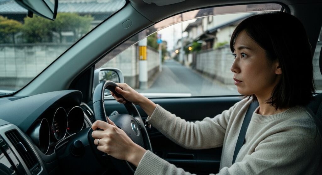 住宅街での右折前に周囲を確認する女性ドライバー|危険予測講習シーン 住宅街の見通しの悪い交差点で徐行しながら右方向を確認する女性ドライバー