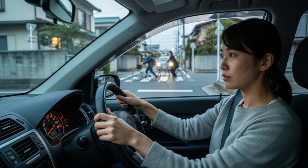 自転車と歩行者の横断に備えて減速する女性ドライバー|住宅街の危険予測講習シーン 住宅街の交差点で自転車と歩行者の横断に備えて減速する女性ドライバーの危険予測講習シーン