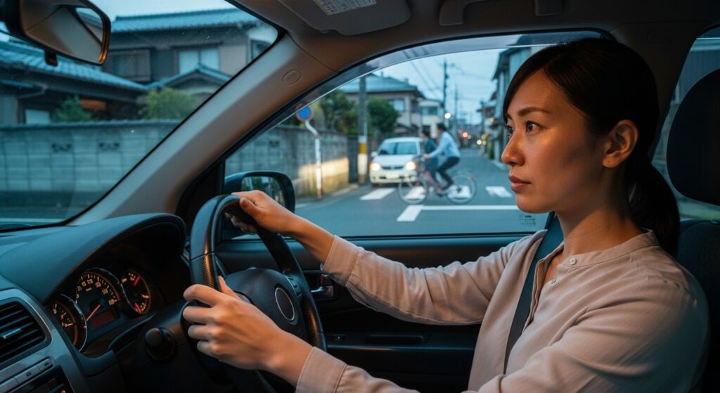 自転車の飛び出しを予測しながら住宅街の交差点を進行する女性ドライバー|危険予測講習シーン 住宅街の交差点で横断する自転車に備えて注意を向ける女性ドライバー。数秒後の危険を予測する実践講習シーン。