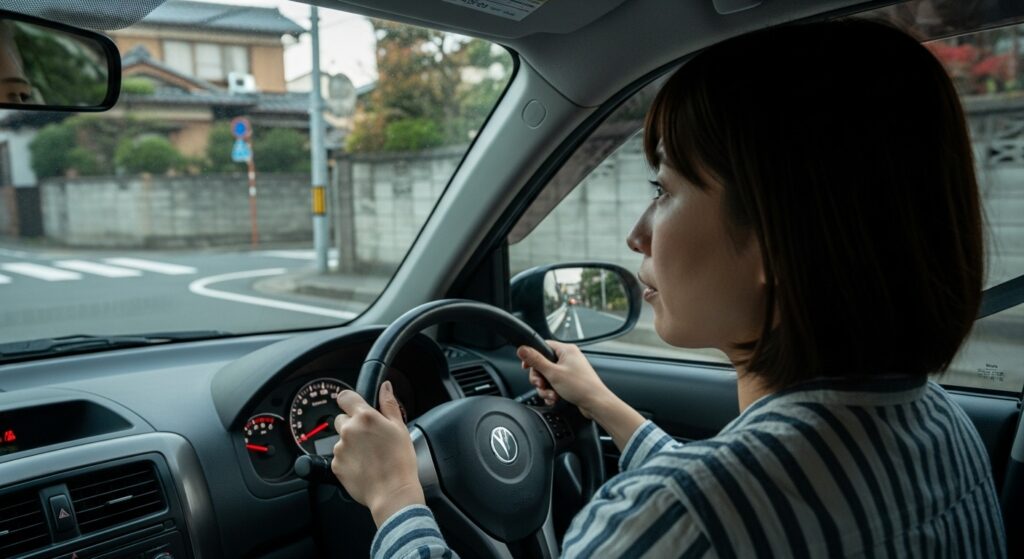 右折前の安全確認を行う女性ドライバー|住宅街の危険予測講習シーン 住宅街の交差点で右折前に周囲を確認する女性ドライバー。危険予測力を養う講習の一場面。