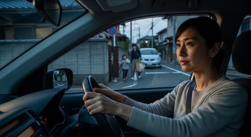 住宅街 交差点 危険予測 女性ドライバー 子ども 横断 注意喚起 徐行運転 狭い住宅街で買い物帰りの親子が突然横断しそうな場面に備えて徐行する女性ドライバー。交差点直前で慎重に左右を確認している。