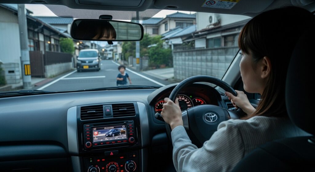 住宅街 子ども 飛び出し 危険予測 ペーパードライバー講習 徐行 女性運転 狭い住宅街の道路で、子どもが飛び出してくる瞬間に備えてブレーキを意識する女性ドライバーの視点。