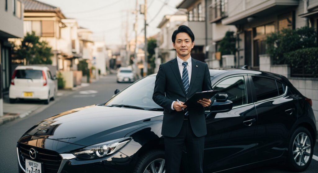 小竿インストラクターと危険予測講習(住宅街にて実施・教習車マツダ) 15年以上の指導歴を持つ小竿インストラクターが住宅街で黒の教習車(マツダ)と共に立つ様子。危険予測講習を担当。イメージ