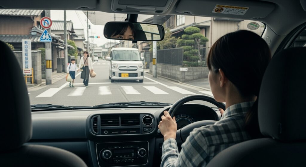 スクールゾーン 危険予測 横断歩道 子ども 住宅街 減速 注意力 ペーパードライバー講習 スクールゾーンで子どもの横断に気づき、しっかり減速して見守る女性ドライバーの視点。