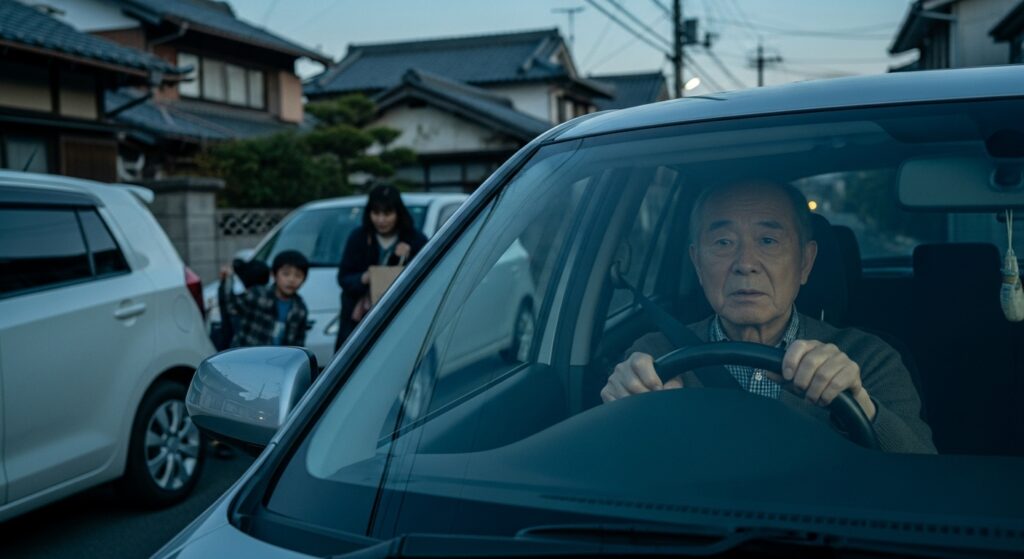 高齢ドライバーの危険予測力を鍛える|住宅街での“飛び出し”に対応できるか? 住宅街で脇道から子どもが飛び出す場面に直面する高齢ドライバー。判断の遅れが事故につながる可能性。
