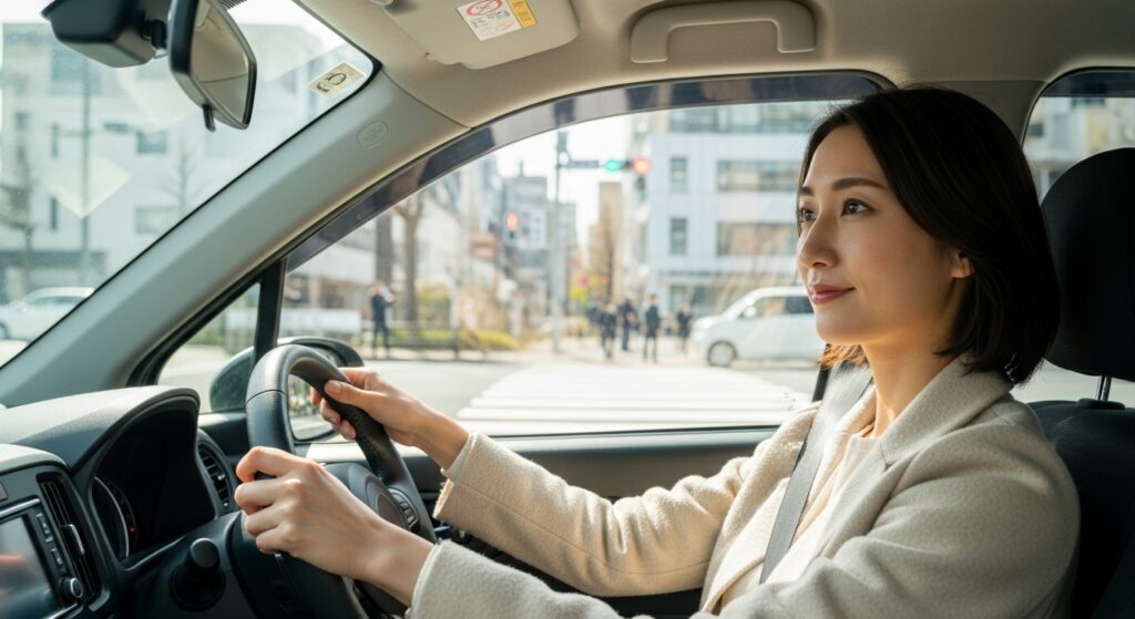 ペーパードライバー講習|交差点での危険予測トレーニング中の女性ドライバー 交差点で危険予測を意識しながら運転する女性ドライバー。東京都内の実践的なペーパードライバー講習の様子。