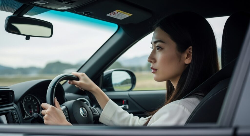 真剣な表情で運転練習を行う女性。ペーパードライバー講習中の実践風景。