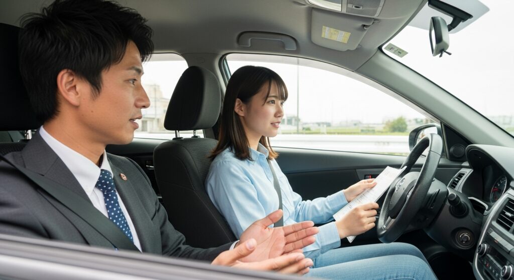 女性のペーパードライバー受講者に丁寧に運転指導を行う男性インストラクターの様子。