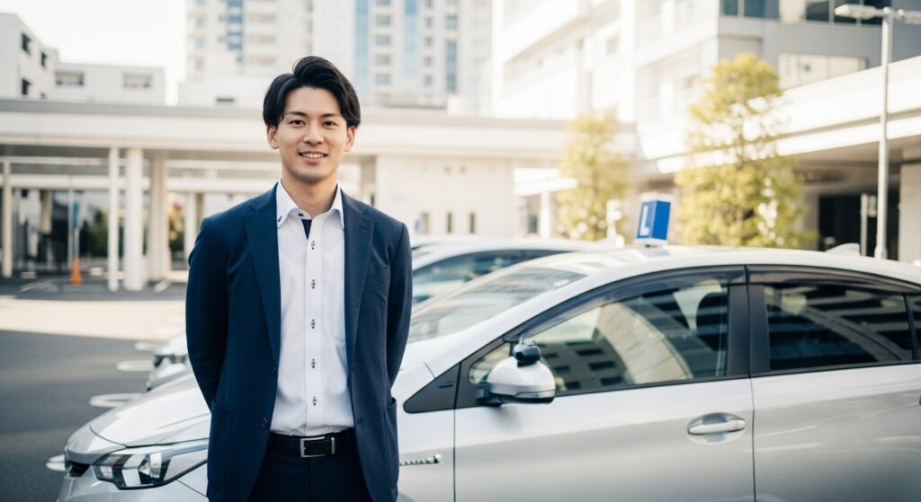 出張ペーパードライバー講習を担当するインストラクター スーツ姿の男性インストラクターが、講習車の前で笑顔を見せる様子。東京ドライビングサポートの出張ペーパードライバー講習の信頼性と安心感を伝えるイメージ。