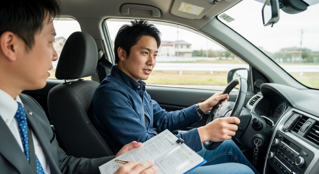 インストラクターが同乗しながら丁寧に運転指導するペーパードライバー講習の様子。