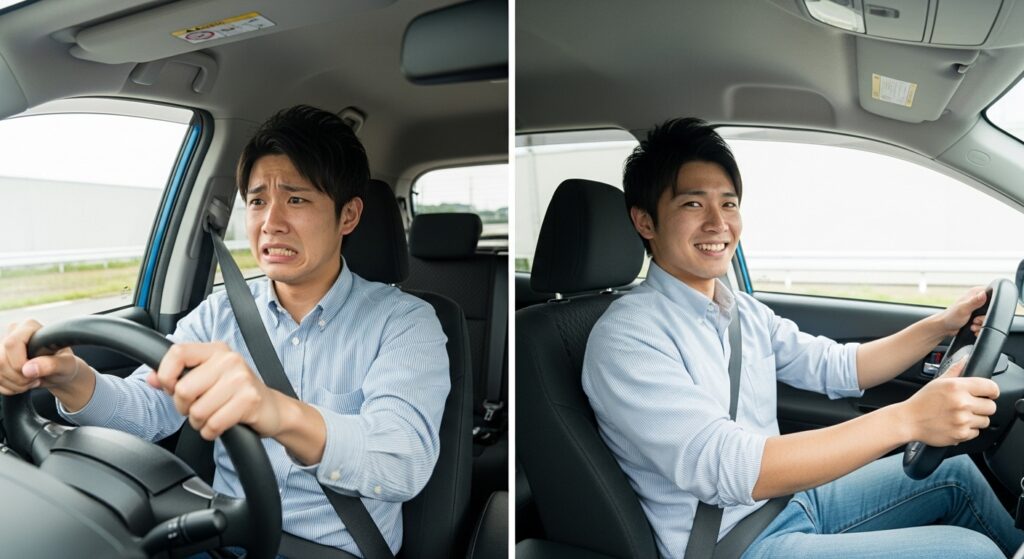緊張から笑顔へ|東京ドライビングサポートの出張型講習で運転が楽しくなる ペーパードライバー講習のビフォーアフター。緊張した表情から笑顔で運転するまでの変化。