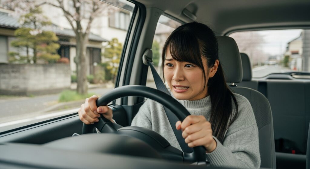 東京ドライビングサポート_ペーパードライバー講習_運転不安イメージ a woman holding a steering wheel