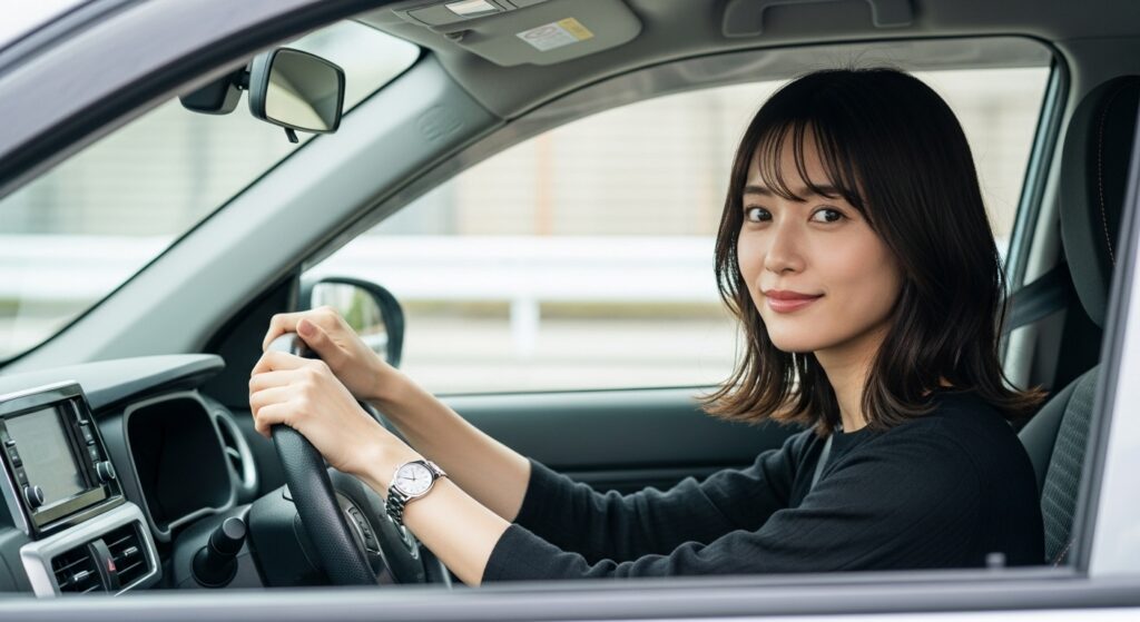 運転に自信を取り戻した女性|東京ドライビングサポート講習風景 ペーパードライバー講習中に運転席で笑顔を見せる女性。自信を持ってハンドルを握る様子。