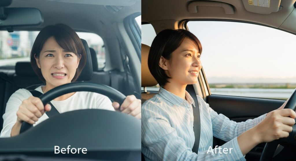 ペーパードライバー克服のBefore・After|不安から自信へ変わる運転講習の成果|東京ドライビングサポート監修 運転に不安を感じていた女性が、ペーパードライバー講習を経て笑顔で運転できるようになったBefore・Afterの比較写真