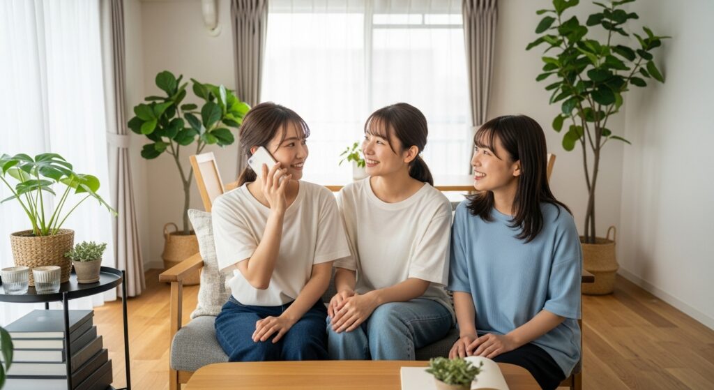 自宅のリビングで話し合う女性たち。沖縄ドライブや東京での練習に関するよくある質問（FAQ）のイメージシーン。