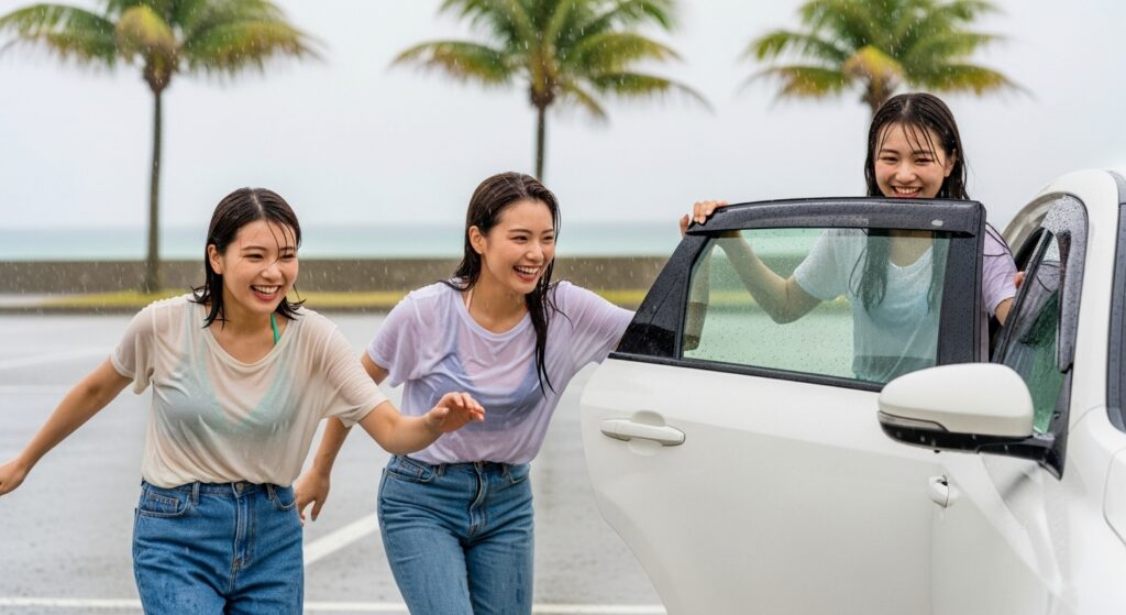 沖縄で急なスコールに遭遇し、濡れながら車に戻る女性たち。沖縄特有の豪雨時はワイパーやライトを使用し、安全運転が必要であることを示すシーン。