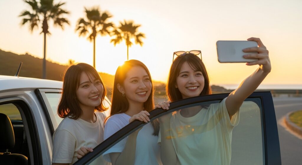 沖縄の海沿いを車で走る女性たち。ペーパードライバーでも事前練習を通じて安心して旅行ドライブを楽しんでいる様子。