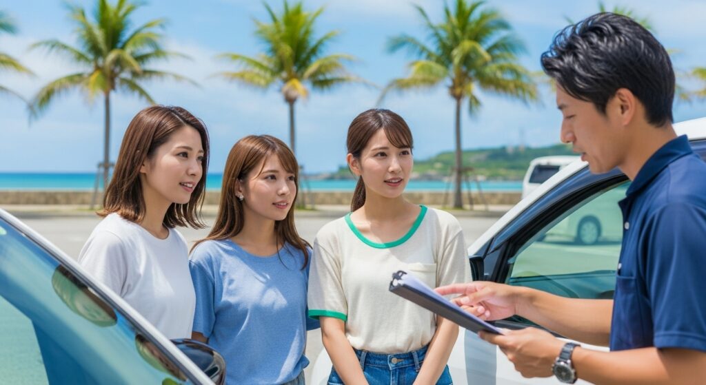 沖縄でレンタカーを利用し、インストラクターから説明を受けるペーパードライバー講習中の女性たち。安全運転のために自分のペースを守ることの重要性を伝えるシーン。