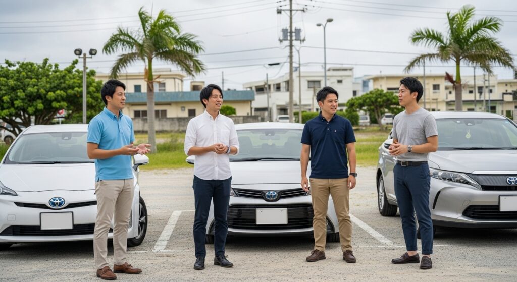 東京ドライビングサポートのインストラクターが沖縄で現地研修を行い、地域特有の交通環境を体験している様子。3台のトヨタ車を使った研修風景。