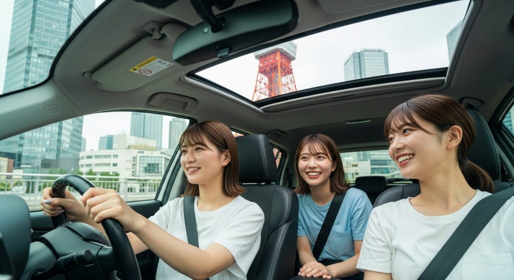 東京ドライビングサポートのペーパードライバー講習で運転練習をする女性たち。東京タワーを背景に、旅行前の事前練習で基礎操作に慣れている様子。沖縄で安心して運転するために、東京ドライビングサポートでは1回から5回まで柔軟に選べるペーパードライバー講習を実施しています。旅行前の不安解消に最適です。 