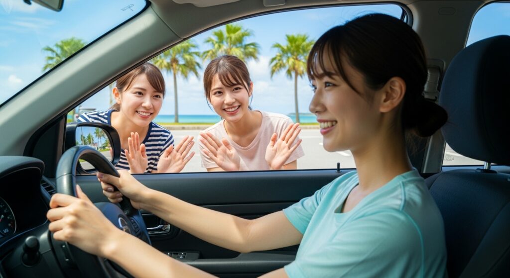 車に乗る様子を仲間が外から応援しているシーン。