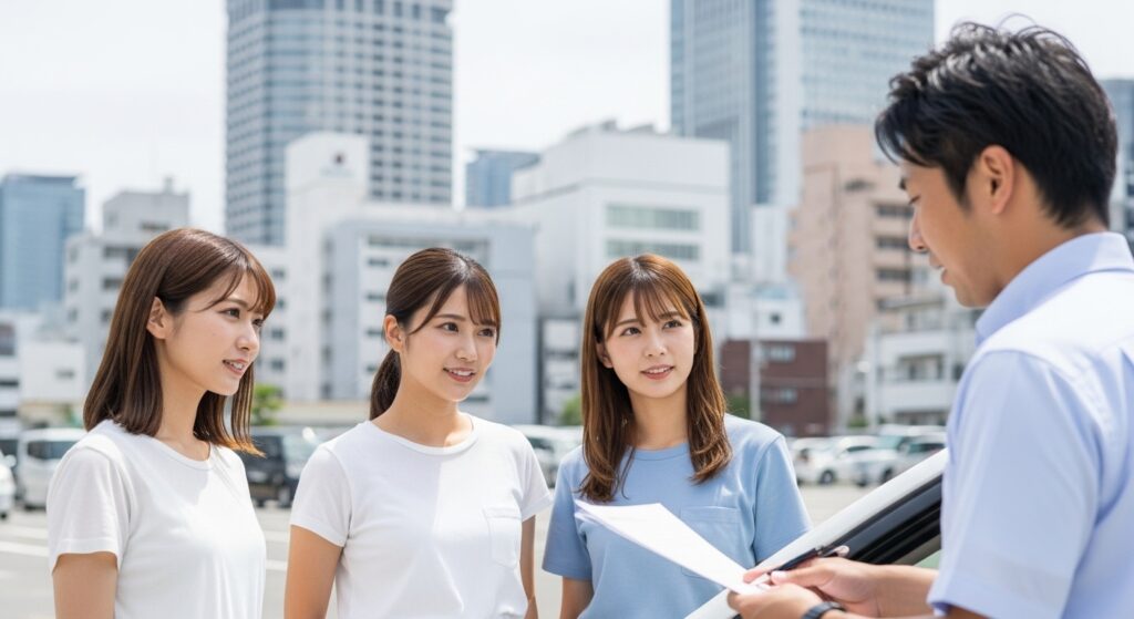東京でインストラクターから説明を受ける女性たち。沖縄でのレンタカードライブに備え、事前に車線変更や駐車練習を行う様子。