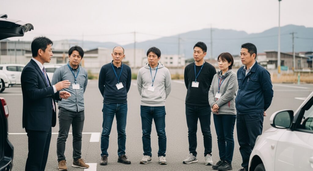 屋外で行われるインストラクター養成講座の研修風景。講師の説明を受ける受講者たち。