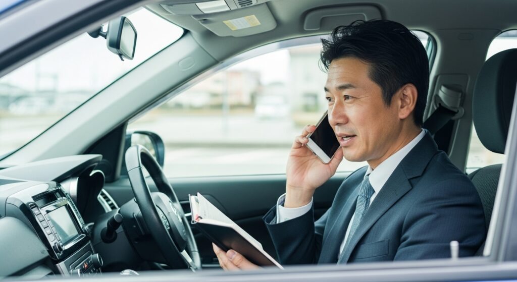 独立開業を目指すインストラクターが車内で電話とスケジュール管理を行う様子