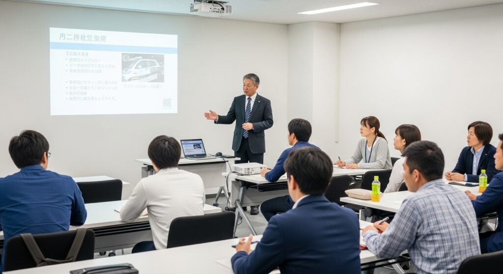 インストラクター養成講座の座学研修で講師の説明を聞く受講者たち
