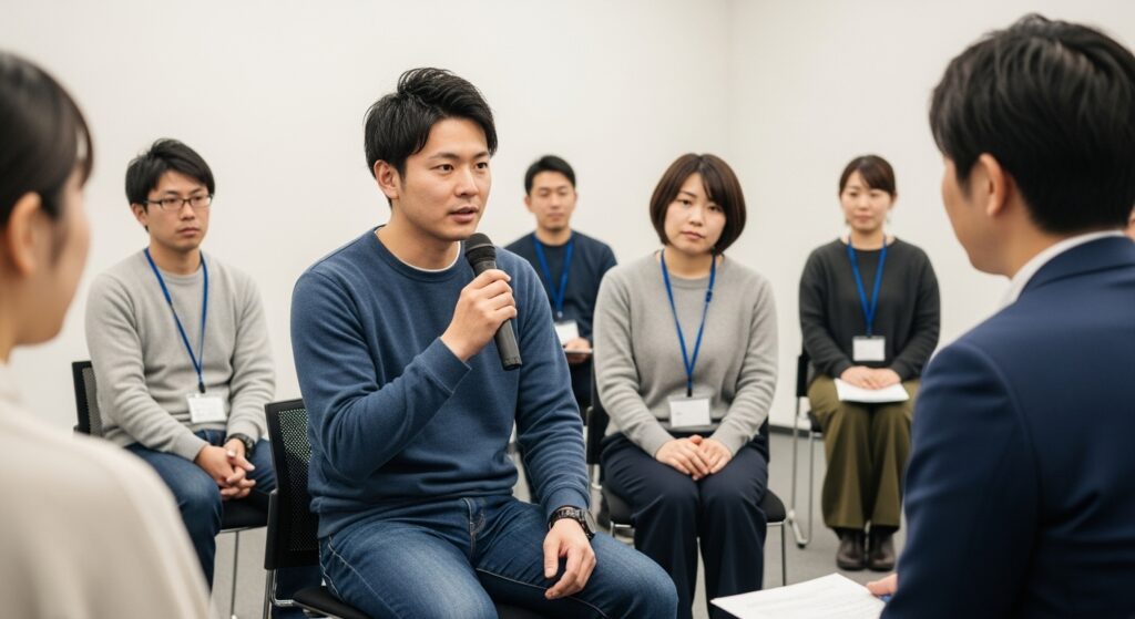 インストラクター養成講座で体験談を語る受講者と真剣に耳を傾ける参加者たち