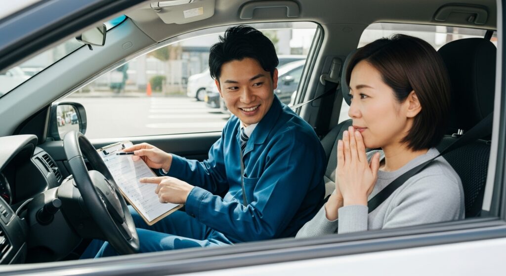 教習車の車内でインストラクターとチェックシートを確認する40代女性｜東京ドライビングサポート自己判断コース