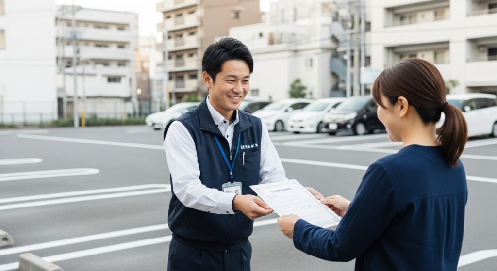 駐車場で運転講習の修了証を受け取る40代女性とインストラクター｜東京ドライビングサポート自己判断コース
