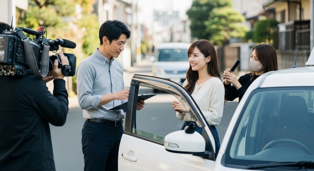 住宅街で、ドライビングインストラクターが女性に乗車前の説明を行い、カメラマンが撮影、スタイリストが髪を整えている様子。取材現場の雰囲気が伝わるシーン。