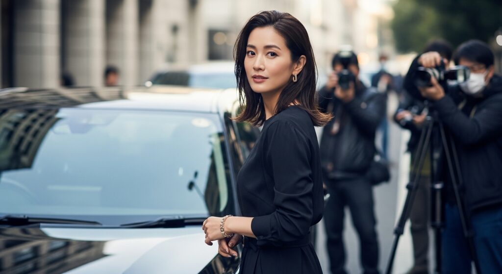 車の横に立つ女性と、背景でカメラマンが撮影しているシーン。取材やコラボを通じて交通安全や再挑戦支援のメッセージを伝えるイメージ。
