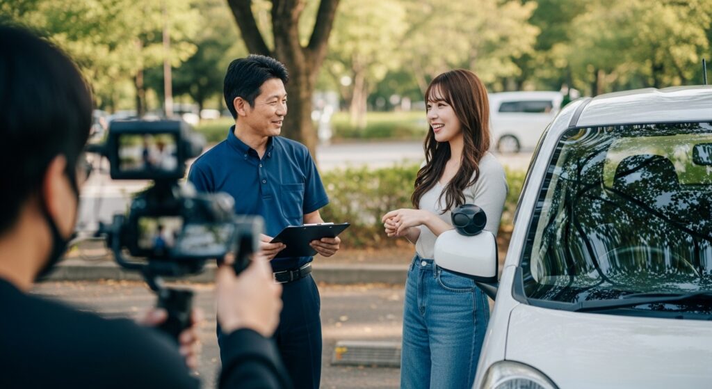 公園の駐車場で、ドライビングインストラクターと女性が打ち合わせをしている様子。カメラマンが撮影しており、取材や講習体験のシーンを記録している。